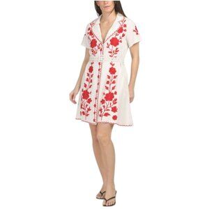 SOLITAIRE Linen Blend Short Sleeve Embroidered Mini Dress With Belt